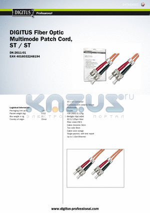 DK-2611-01 datasheet - DIGITUS Fiber Optic Multimode Patch Cord, ST