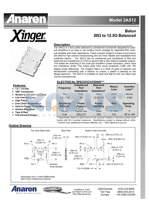 3A512 datasheet - Balun 50Y to 12.5Y Balanced