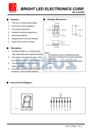 BS-C545RD datasheet - 13.2mm(0.52) high single digit segments display