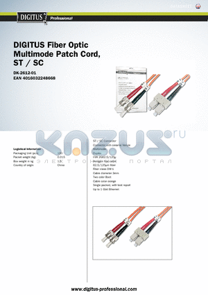 DK-2612-01 datasheet - DIGITUS Fiber Optic Multimode Patch Cord, ST / SC
