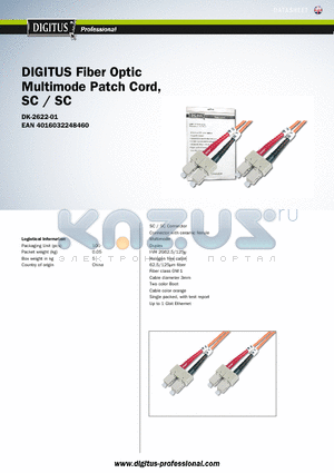 DK-2622-01 datasheet - DIGITUS Fiber Optic Multimode Patch Cord, SC / SC