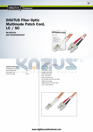 DK-2632-01 datasheet - DIGITUS Fiber Optic Multimode Patch Cord, LC / SC