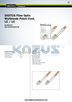 DK-2633-01 datasheet - DIGITUS Fiber Optic Multimode Patch Cord, LC / LC