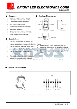 BS-C554RD datasheet - 14.2mm (0.56) high single digit seven segments display