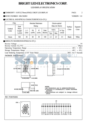 BS-C562RD datasheet - 0.50(12.70MM)single DIGIT LED DISPLAY