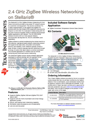 DK-LM3S9B96 datasheet - 2.4 GHz ZigBee Wireless Networking on Stellaris^