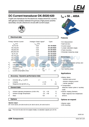 DK100-B420 datasheet - DC Current transducer DK-B020/420