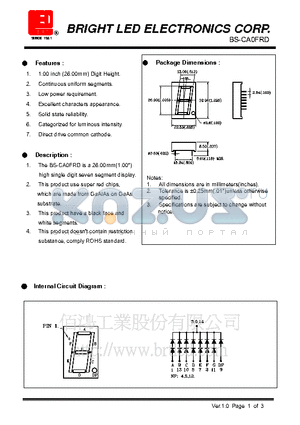 BS-CA0FRD datasheet - 26.00mm (1.00) high single seven segments display