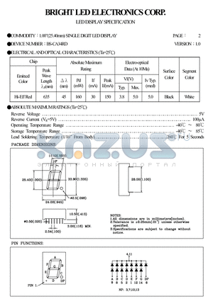 BS-CA34RD datasheet - 1.00(25.40MM)single DIGIT LED DISPLAY