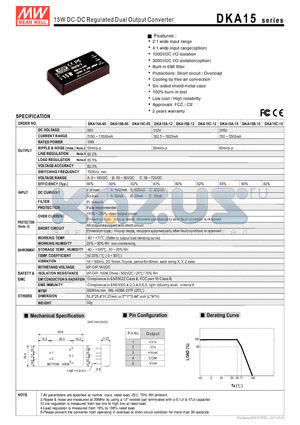 DKA15 datasheet - 15W DC-DC Regulated Dual Output Converter