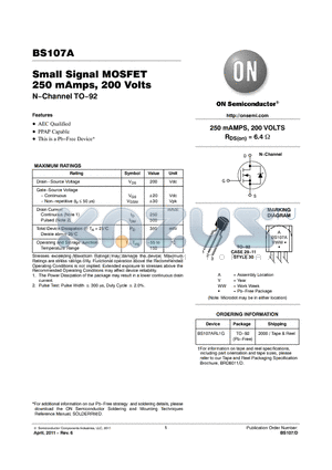 BS107ARL1G datasheet - Small Signal MOSFET 250 mAmps, 200 Volts N.Channel TO.92