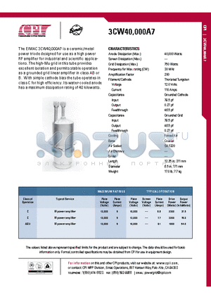 3CW40000A7 datasheet - The EIMAC 3CW40,000A7 is a ceramic/metal power triode