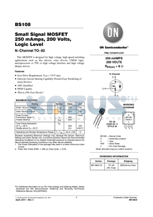 BS108ZL1G datasheet - Small Signal MOSFET 250 mAmps, 200 Volts, Logic Level