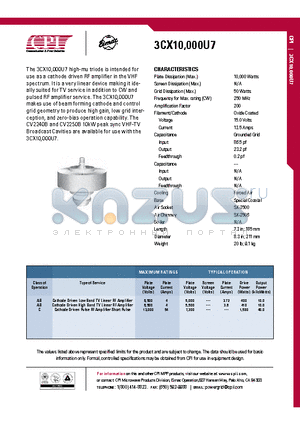 3CX10-000U7 datasheet - Cathode driven low band TV linear RF amplifier