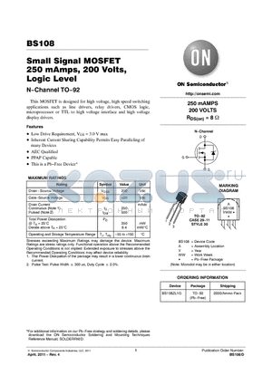 BS108_11 datasheet - Small Signal MOSFET 250 mAmps, 200 Volts, Logic Level