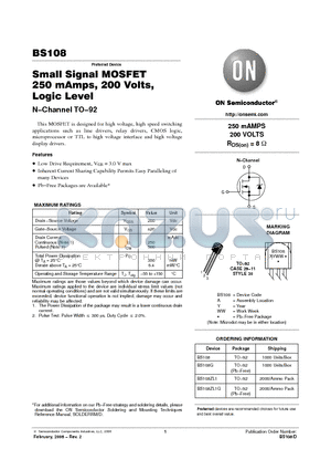 BS108 datasheet - Small Signal MOSFET 250 mAmps, 200 Volts, Logic Level