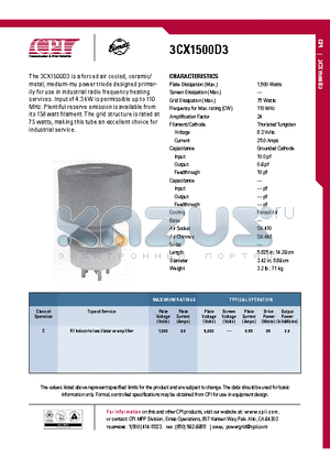 3CX1500D3 datasheet - RF Industrial oscillator or amplifier