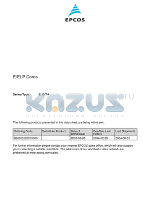 B66202J20010000 datasheet - E/ELP Cores