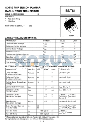 BS2 datasheet - SOT89 PNP SILICON PLANAR DARLINGTON TRANSISTOR