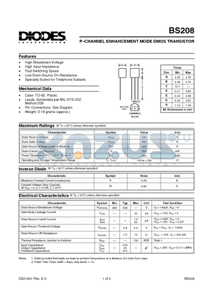 BS208 datasheet - P-CHANNEL ENHANCEMENT MODE DMOS TRANSISTOR