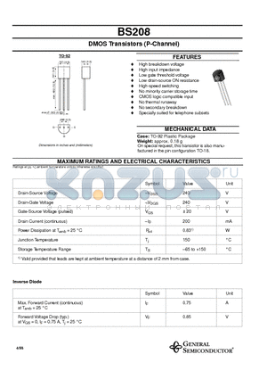 BS208 datasheet - DMOS Transistors (P-Channel)