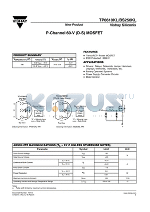 BS250KL datasheet - P-Channel 60-V (D-S) MOSFET