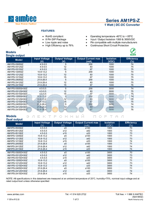 AM1PS-1205SZ datasheet - 1 Watt | DC-DC Converter