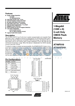 AT49HF010-55JC datasheet - 1-Megabit 128K x 8 5-volt Only CMOS Flash Memory