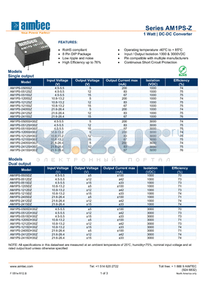 AM1PS-Z_13 datasheet - 1 Watt | DC-DC Converter
