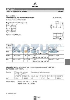 B66281 datasheet - ELP 14/3,5/5 Core (Without Clamp Recess)