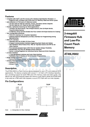 AT49LH002-33JC datasheet - 2-megabit Firmware Hub and Low-Pin Count Flash Memory