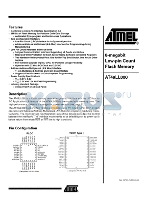 AT49LL080-33JC datasheet - 8-megabit Low-pin Count Flash Memory