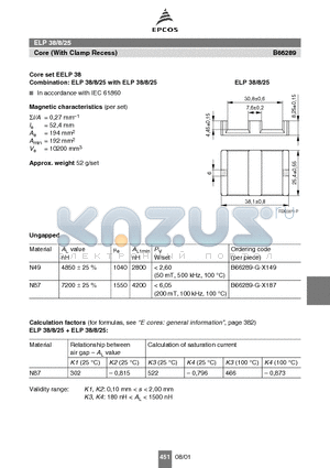 B66289 datasheet - ELP 38/8/25 Core (With Clamp Recess)