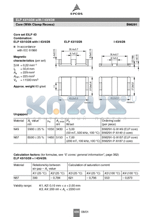 B66291 datasheet - ELP 43/10/28 with I 43/4/28 Core (With Clamp Recess)