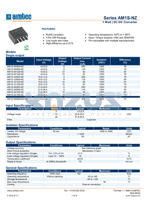 AM1S-NZ_13 datasheet - 1 Watt | DC-DC Converter