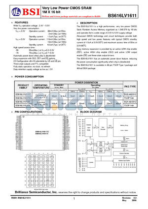 BS616LV1010FC70 datasheet - Very Low Power CMOS SRAM 1M X 16 bit