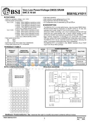 BS616LV1011EI-70 datasheet - Very Low Power/Voltage CMOS SRAM 64K X 16 bit