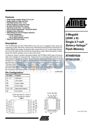 AT49LV020-12JC datasheet - 2-Megabit 256K x 8 Single 2.7-volt Battery-Voltage Flash Memory