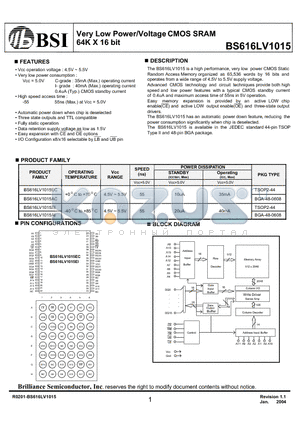 BS616LV1015ACG55 datasheet - Very Low Power/Voltage CMOS SRAM 64K X 16 bit