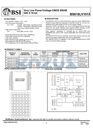 BS616LV1015AIG55 datasheet - Very Low Power/Voltage CMOS SRAM 64K X 16 bit