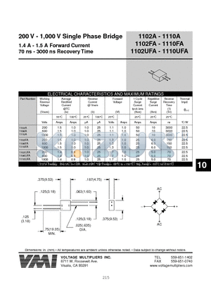 1106A datasheet - 200 V - 1,000 V Single Phase Bridge 1.4 A - 1.5 A Forward Current 70 ns - 3000 ns Recovery Time