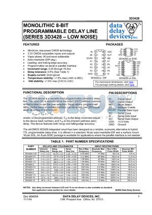 3D3428 datasheet - MONOLITHIC 8-BIT PROGRAMMABLE DELAY LINE