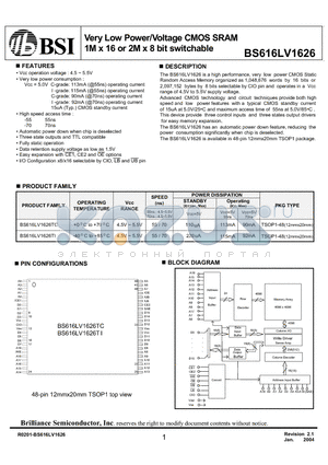 BS616LV1622TCP70 datasheet - Very Low Power/Voltage CMOS SRAM 1M x 16 or 2M x 8 bit switchable