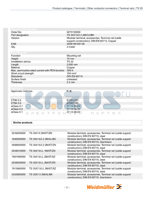 0270100000 datasheet - Modular terminal, accessories, Terminal rail (cable support construction), DIN EN 60715, Copper