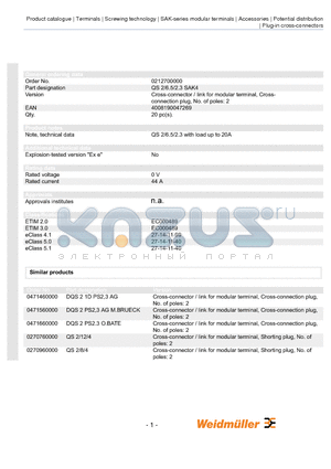 0270960000 datasheet - Cross-connector / link for modular terminal, Crossconnection plug, No. of poles: 2