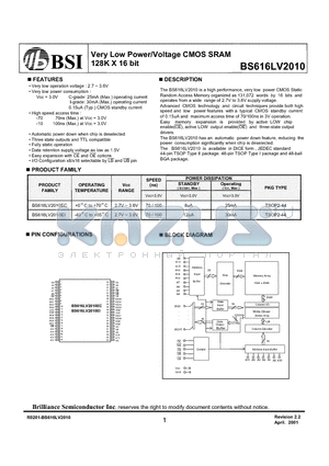 BS616LV2010 datasheet - Very Low Power/Voltage CMOS SRAM 128K X 16 bit