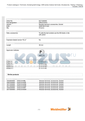 0271300000 datasheet - Modular terminal, accessories, Socket