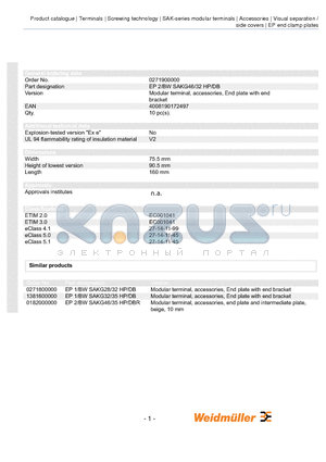 0271900000 datasheet - Modular terminal, accessories, End plate with end bracket