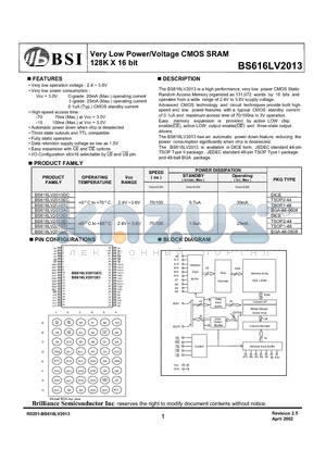 BS616LV2013 datasheet - Very Low Power/Voltage CMOS SRAM 128K X 16 bit