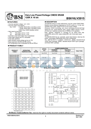 BS616LV2015 datasheet - Very Low Power/Voltage CMOS SRAM 128K X 16 bit